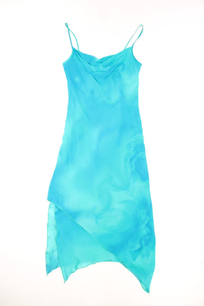 Vintage Dorothy Perkins Midi Dress in a turqouise colourway, cowl neck and has a asymmetrical hem.