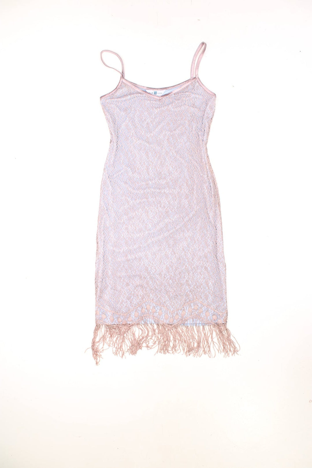 New Look Fringed Mini Dress in a pink and blue colourway, metalic crochet shell with a polyester lining, and has fringed tassles at the bottom.