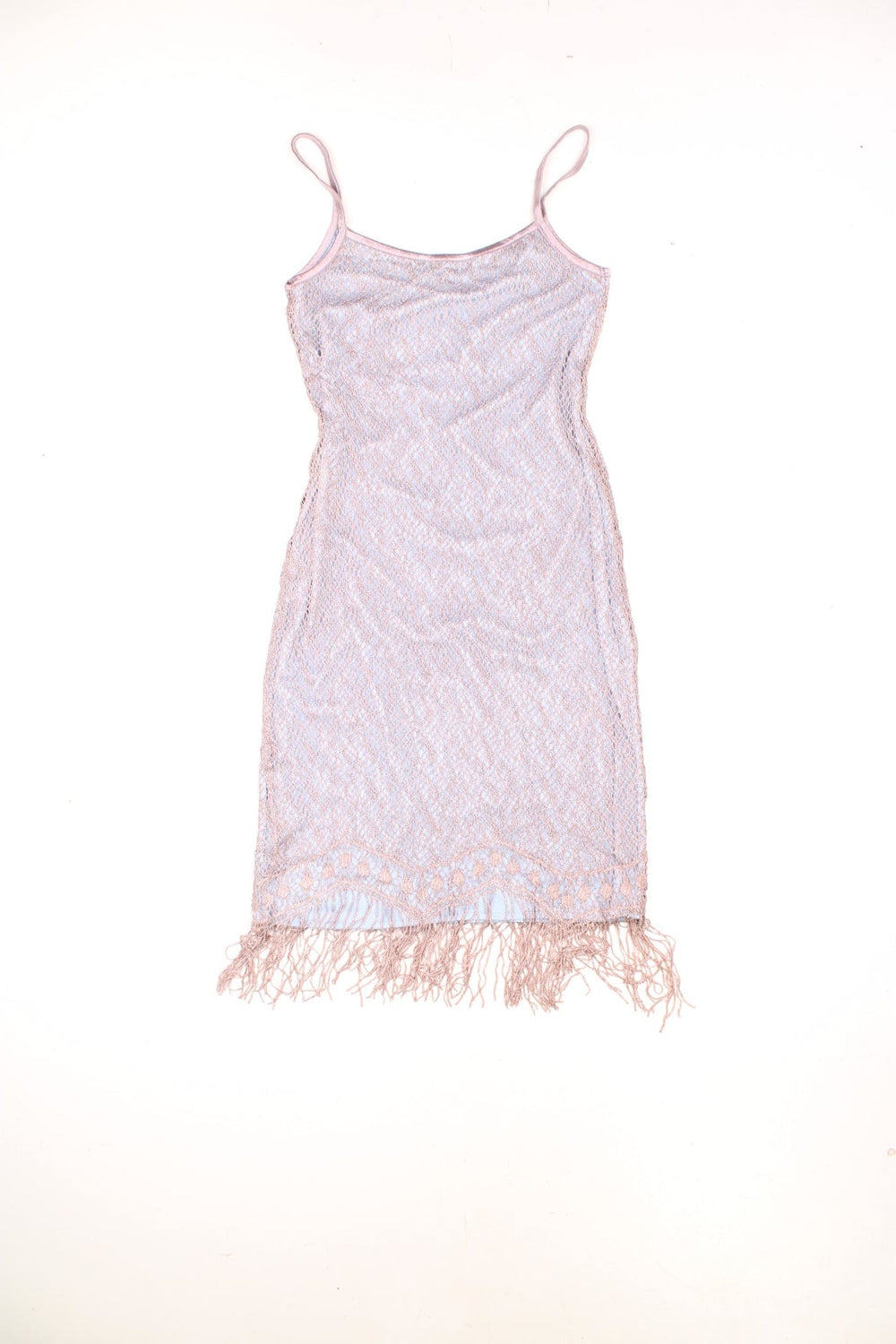 New Look Fringed Mini Dress in a pink and blue colourway, metalic crochet shell with a polyester lining, and has fringed tassles at the bottom.