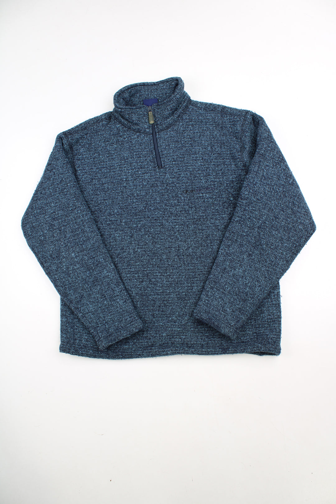 Blue Quiksilver 1/4 zip knit jumper with embroidered logo on the chest and back. good condition - some light bobbling in places Size in Label: Mens M - Measures oversized, more like a L/ XL