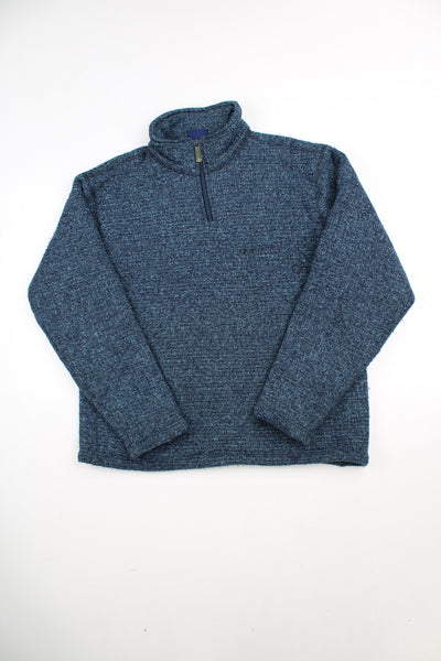 Blue Quiksilver 1/4 zip knit jumper with embroidered logo on the chest and back. good condition - some light bobbling in places Size in Label: Mens M - Measures oversized, more like a L/ XL 