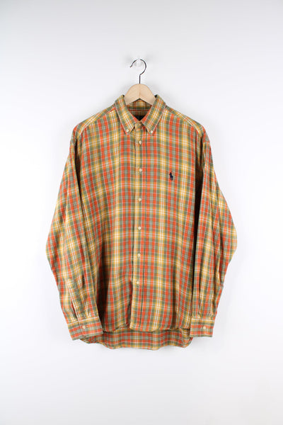 Ralph Lauren orange and green plaid button up shirt with signature embroidered logo on the chest.