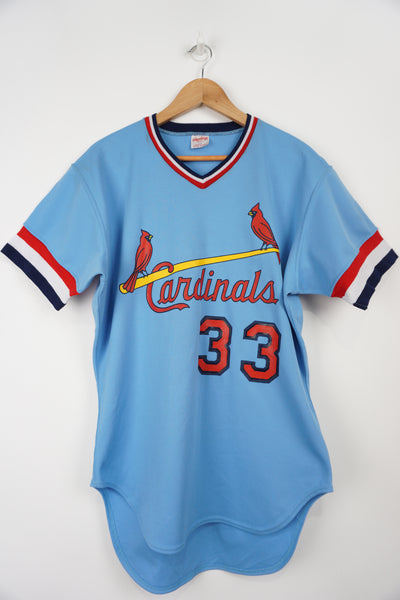 St. Louis Cardinals 1976-84 pullover MLB Jersey, Painted print team name and number on front and back. Rawlings made in USA tag in collar . Jersey in good condition for age, slight mark on top right shoulder Size in Label: 44 (L)