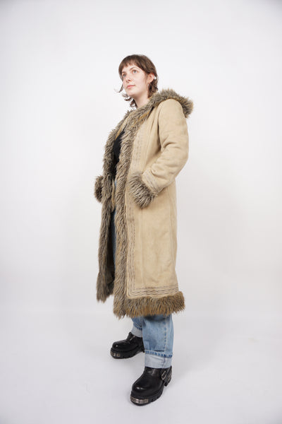 Y2K style cream suede Afghan Coat with embroidered details and hood