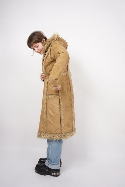 2000's Y2K style faux suede, full length zip through Afghan coat with hood