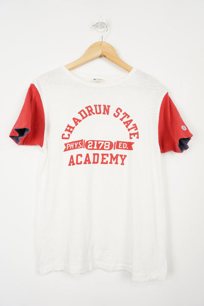 Chadrun State Academy Phys. Ed. White Ringer Tee, Screen Printer lettering, stitched Champion logo on sleeve. Vintage 1960s Champion processed sportswear tag in collar Size in Label: M