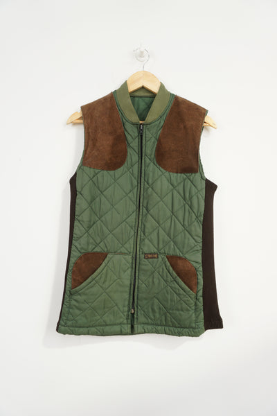 Vintage Belstaff Green Quilted Gilet with suede shoulders patches, made in England tag on inside of jacket