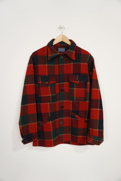 Vintage Pendleton red & black Buffalo plaid wool button up CPO jacket with multiple pockets 