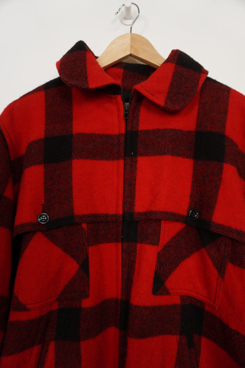 Vintage 1950's Johnsons red & black Buffalo Plaid wool zip through CPO jacket with multiple pockets