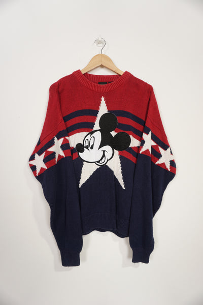 Vintage red 100% cotton knit jumper with embroidered Mickey Mouse face motif 