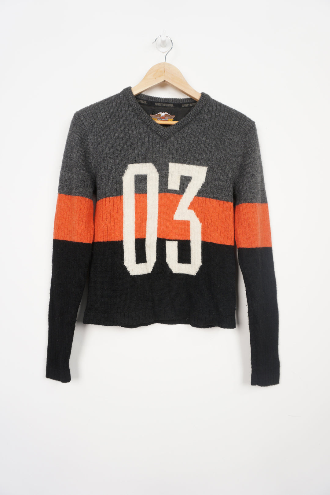 Harley Davidson striped knitted spell-out jumper