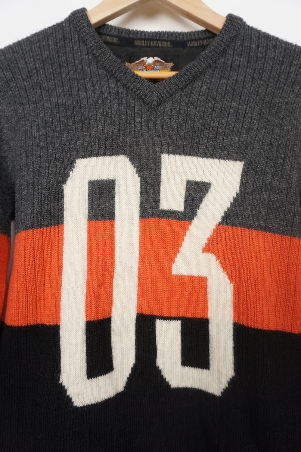 Harley Davidson striped knitted spell-out jumper