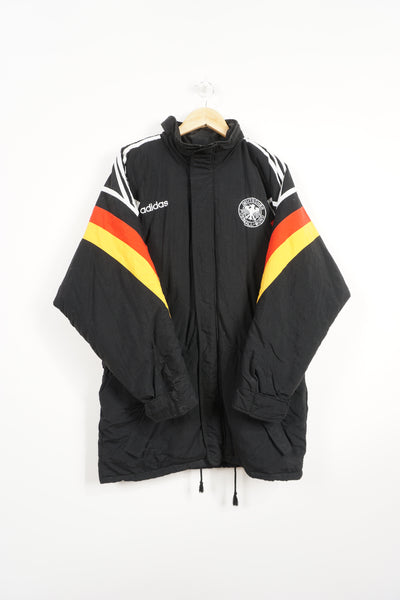 Vintage 1992/94 Adidas Germany bench coat with embroidered logos and badge on the chest and foldaway hood