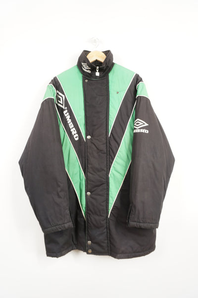 Vintage green & black Umbro bench coat with printed logo on the chest and back