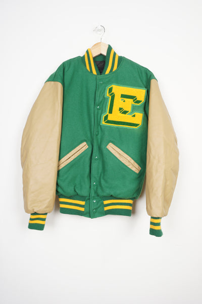 Vintage 80's Varsity jacket in bright green with light brown leather sleeves by Neff Since 1949.