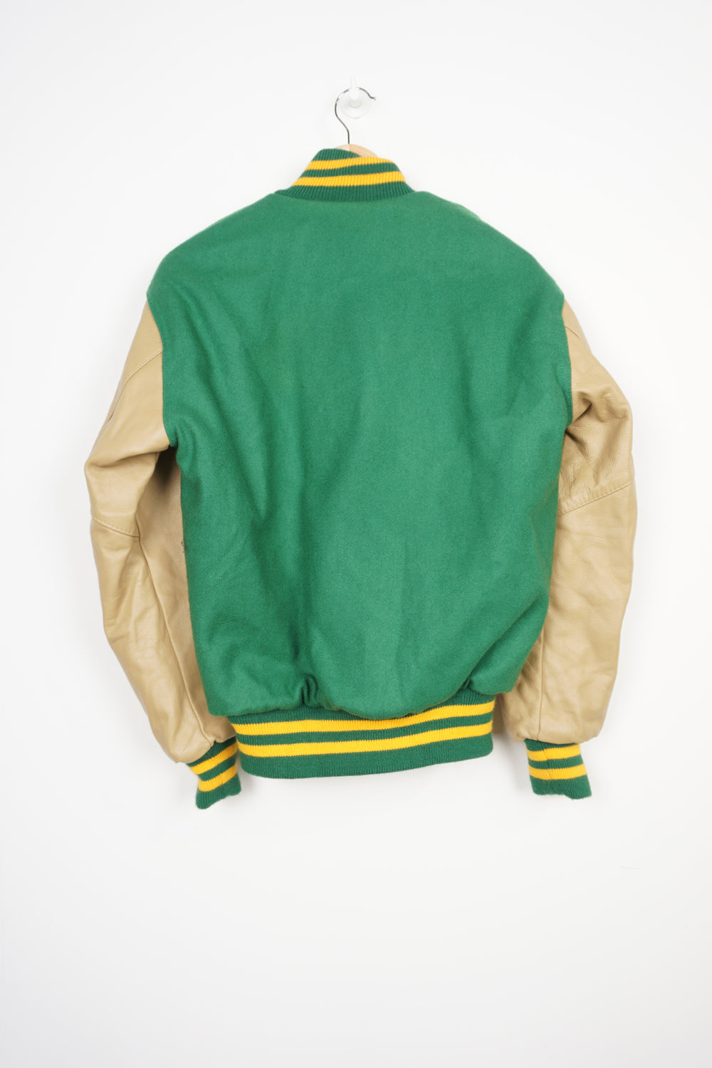 Vintage 80's Varsity jacket in bright green with light brown leather sleeves by Neff Since 1949.