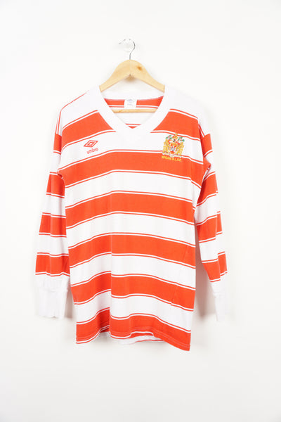 Vintage Umbro 1980's Wigan Rugby League red and white striped cotton jersey with embroidered badge and logo on the chest