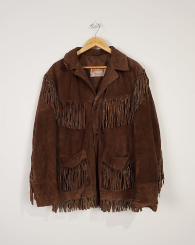 Vintage Schott brown suede leather jacket with fringe details on the front and down both sleeves