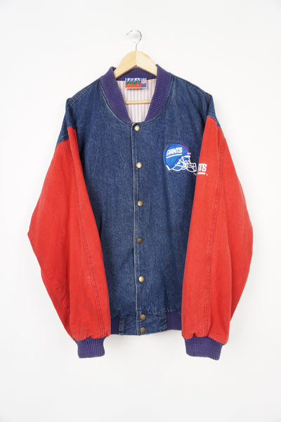 New York Giants NFL denim red and blue bomber jacket with embroidered logo on the chest