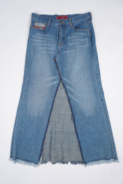 Vintage Coca-Cola blue denim maxi skirt with raw hem and slit in the front 