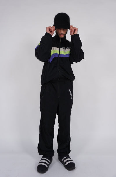 Black Adidas zip through belted one piece ski suit, with embroidered logo on the front and back