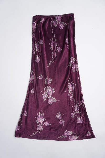 Y2K New Look purple floral satin maxi skirt with elasticated waist and tie in the front