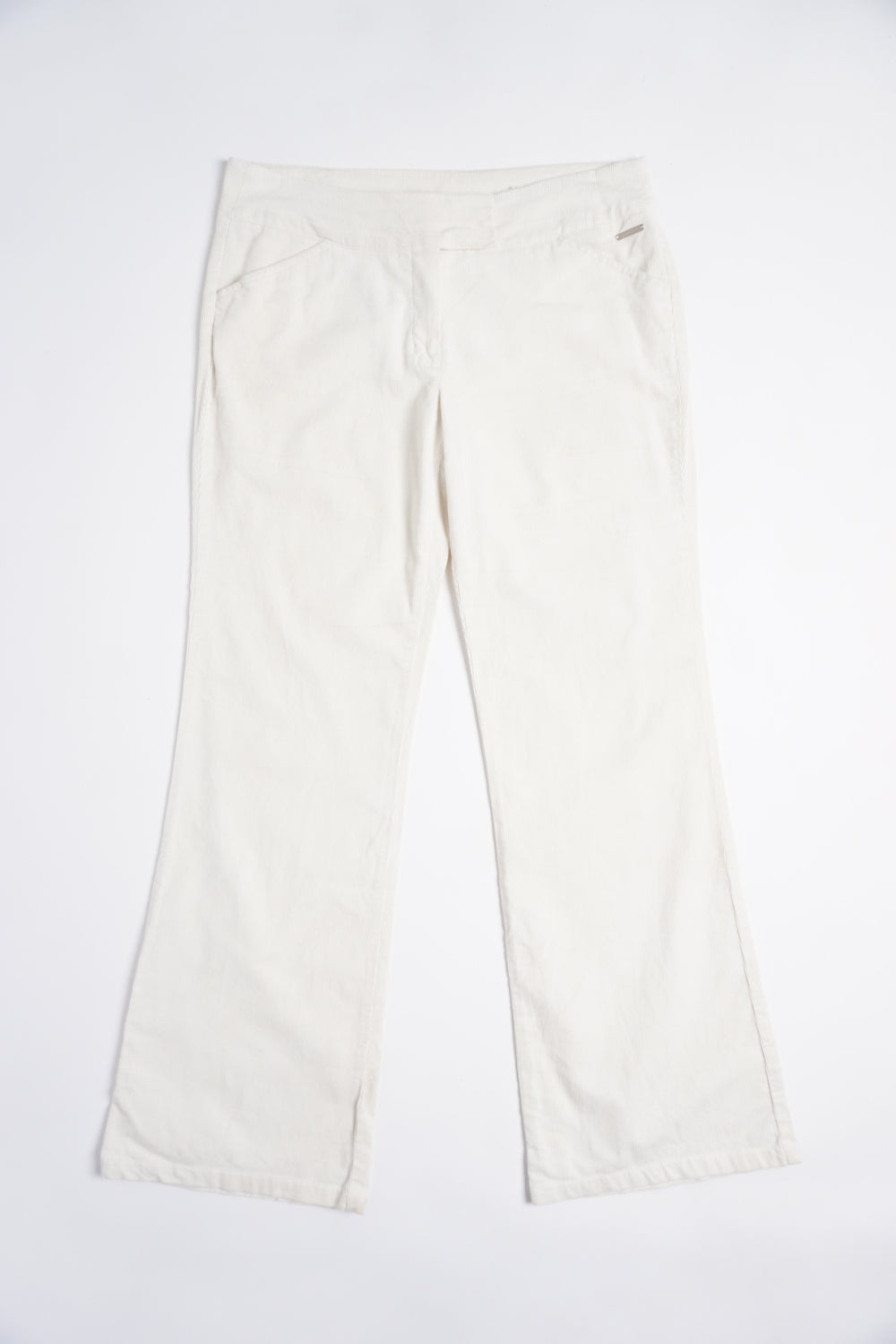 Y2K all white Elle corduroy low rise bootcut trousers with metal 'Elle' detail on the pocket