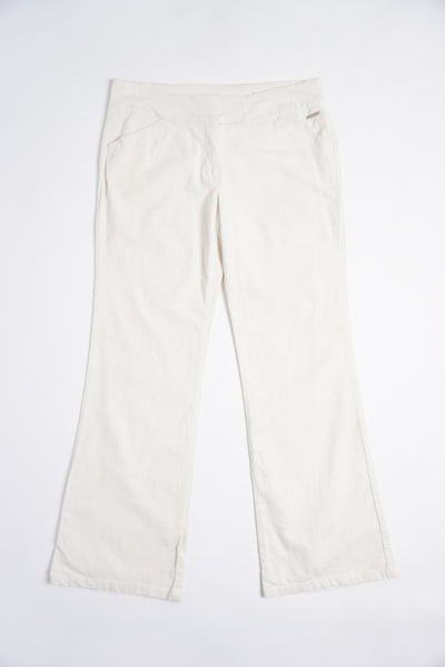 Y2K all white Elle corduroy low rise bootcut trousers with metal 'Elle' detail on the pocket 