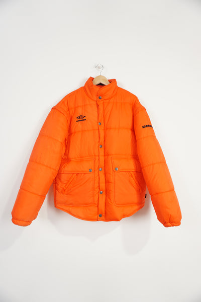 Vintage orange Umbro puffer coat / gilet with embroidered logo on the chest and removable sleeves 