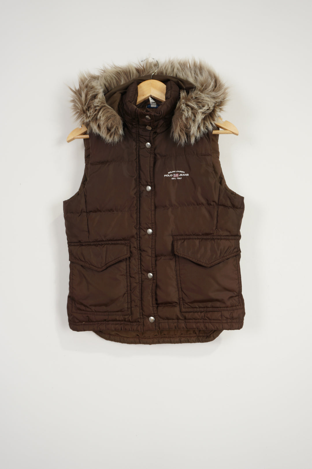 Vintage Polo Jeans Company brown double pocket gilet with faux fur on collar