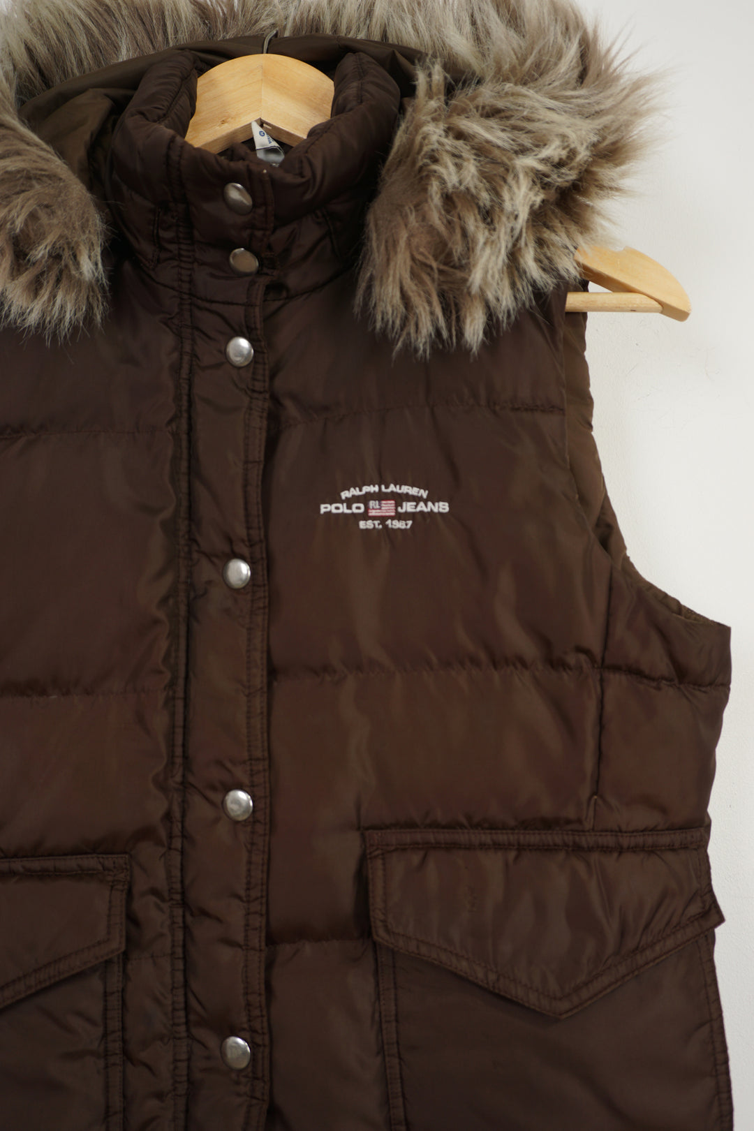 Vintage Polo Jeans Company brown double pocket gilet with faux fur on collar