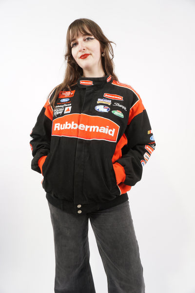 Vintage black and red Rubbermaid NASCAR cotton racing jacket  with embroidered details and sponsors 