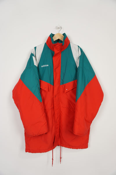 Vintage 90s Adidas red & green sports coat, with embroidered logo on the chest and printed spell-out on the back