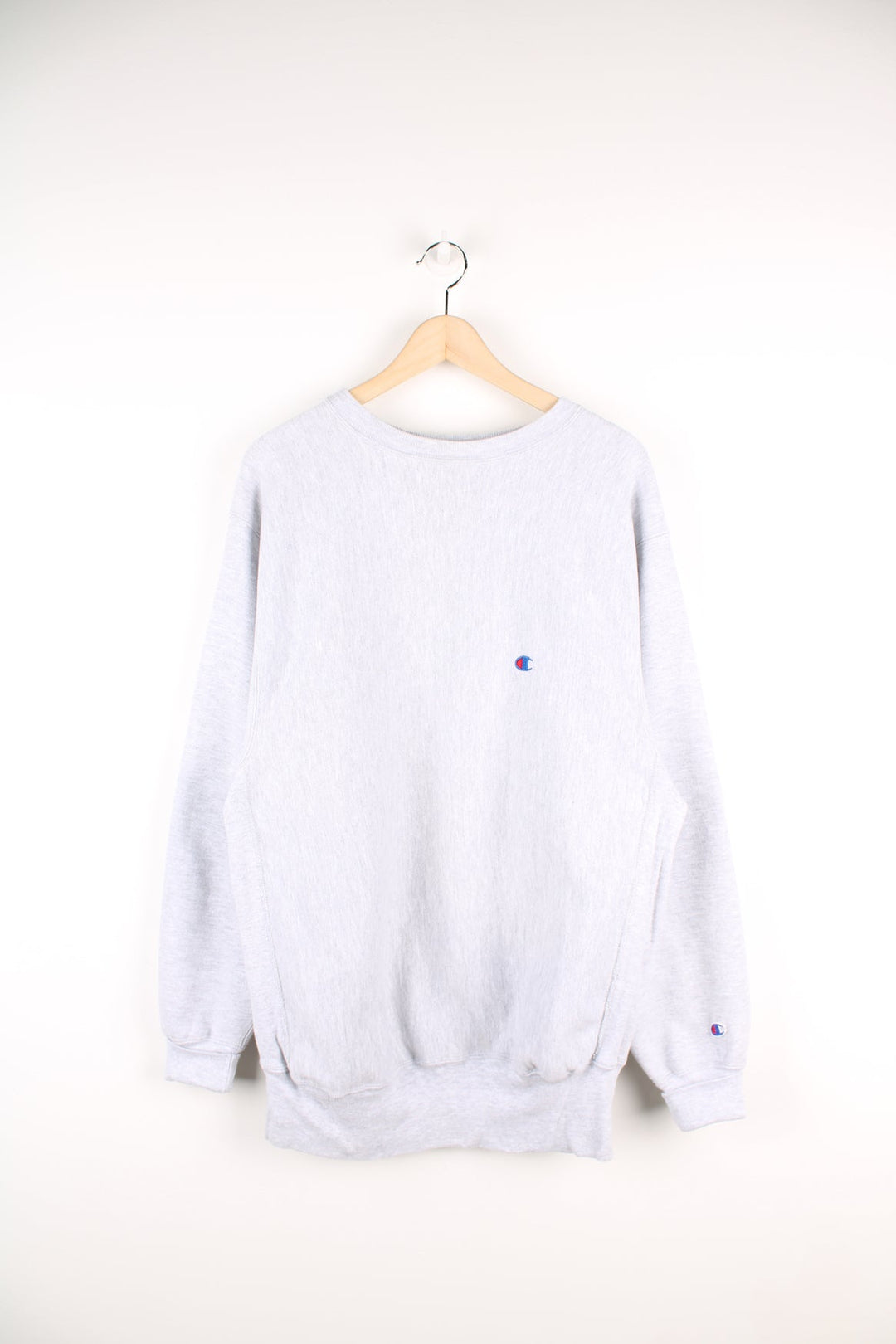 Grey Champion reverse weave sweatshirt with embroidered logo on the chest.