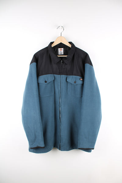 Dickies blue and black zip through collared fleece with double pockets and signature logo on the pocket