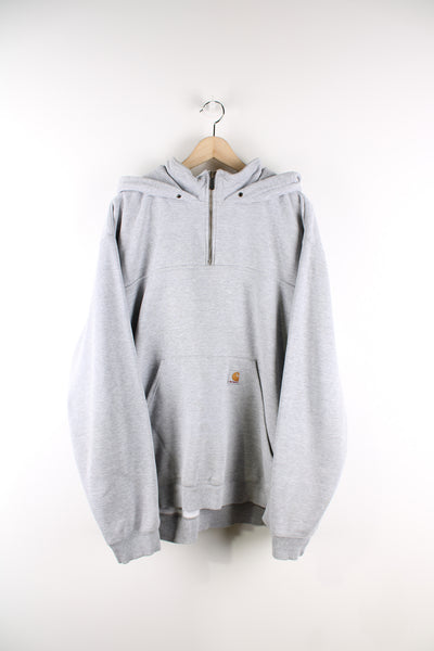 Carhartt 1/4 zip grey hoodie, features embroidered logo on the pocket 