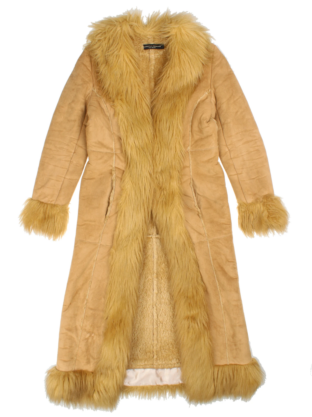 Vintage Y2K Dorothy Perkins Afghan Coat in a tan colourway, clasp closures, has side pockets and a big fur lining and collar.