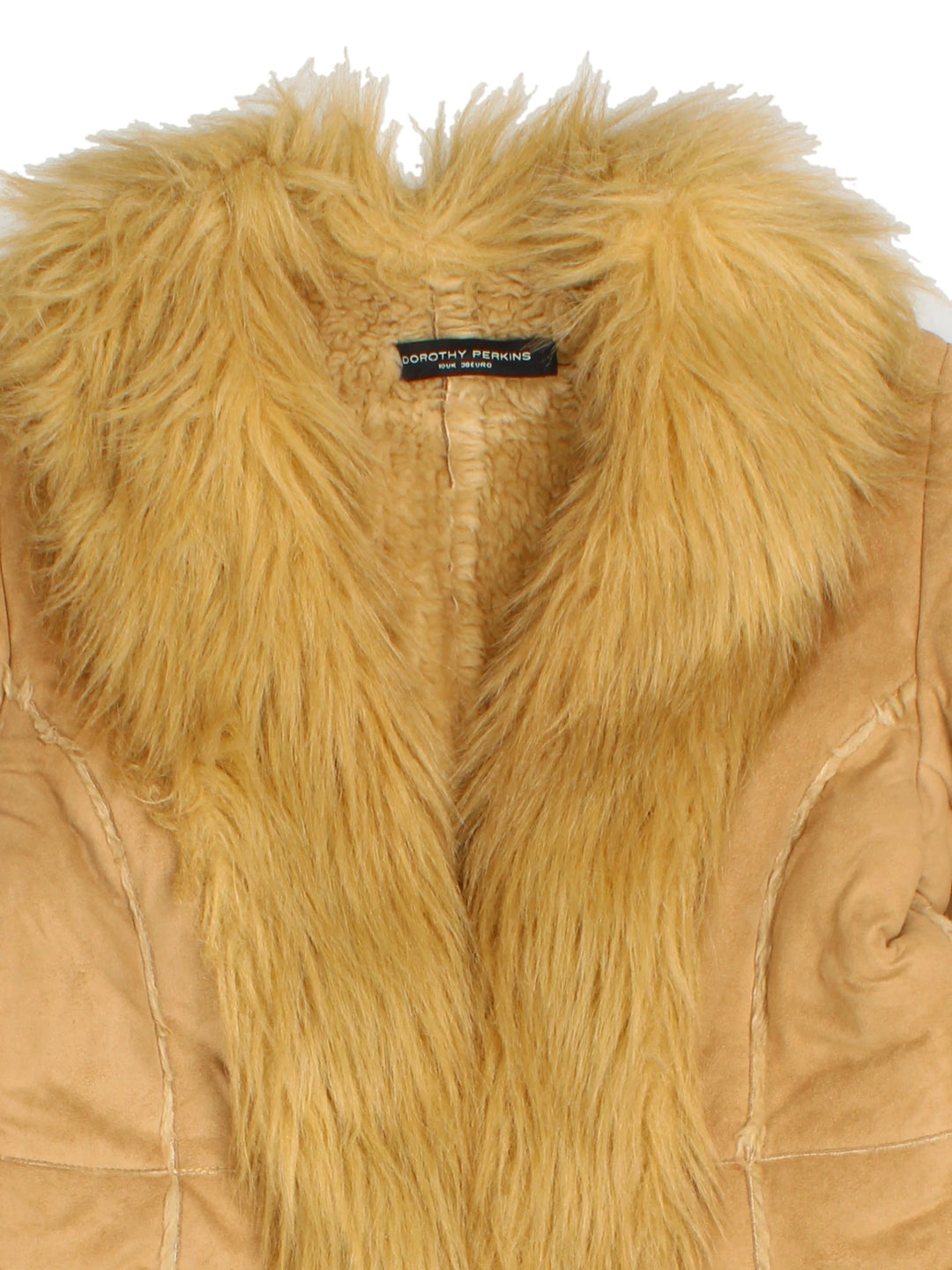 Vintage Y2K Dorothy Perkins Afghan Coat in a tan colourway, clasp closures, has side pockets and a big fur lining and collar.