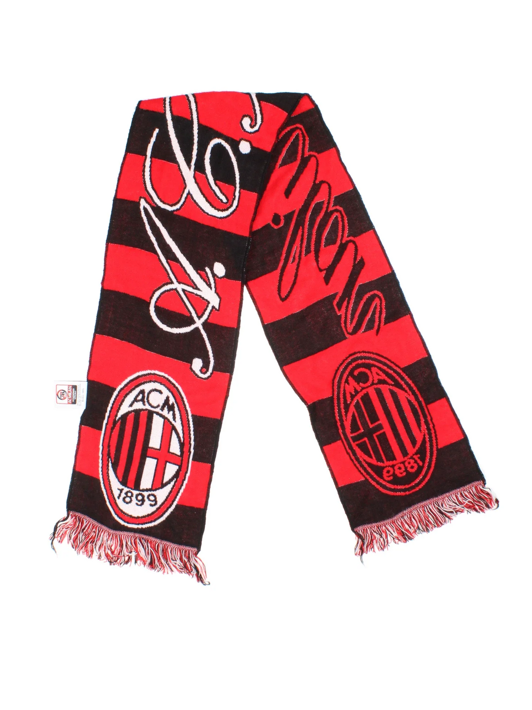 Vintage AC Milan Scarf in a red/black colourway with logos embroidered on the front, and fringed hem.