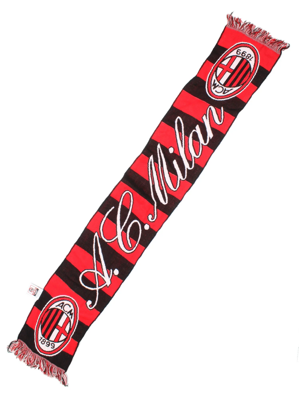 Vintage AC Milan Scarf in a red/black colourway with logos embroidered on the front, and fringed hem.