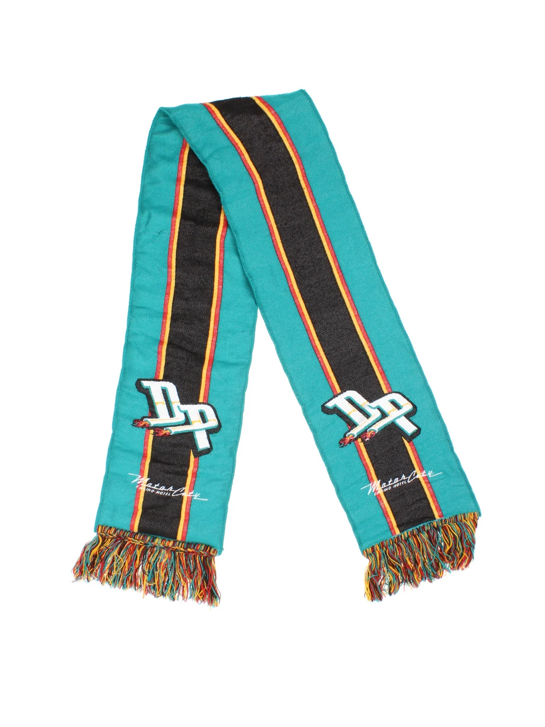 Vintage Detroit Pistons NBA Scarf in a green/black colourway with logos embroidered on the front, and fringed hem.