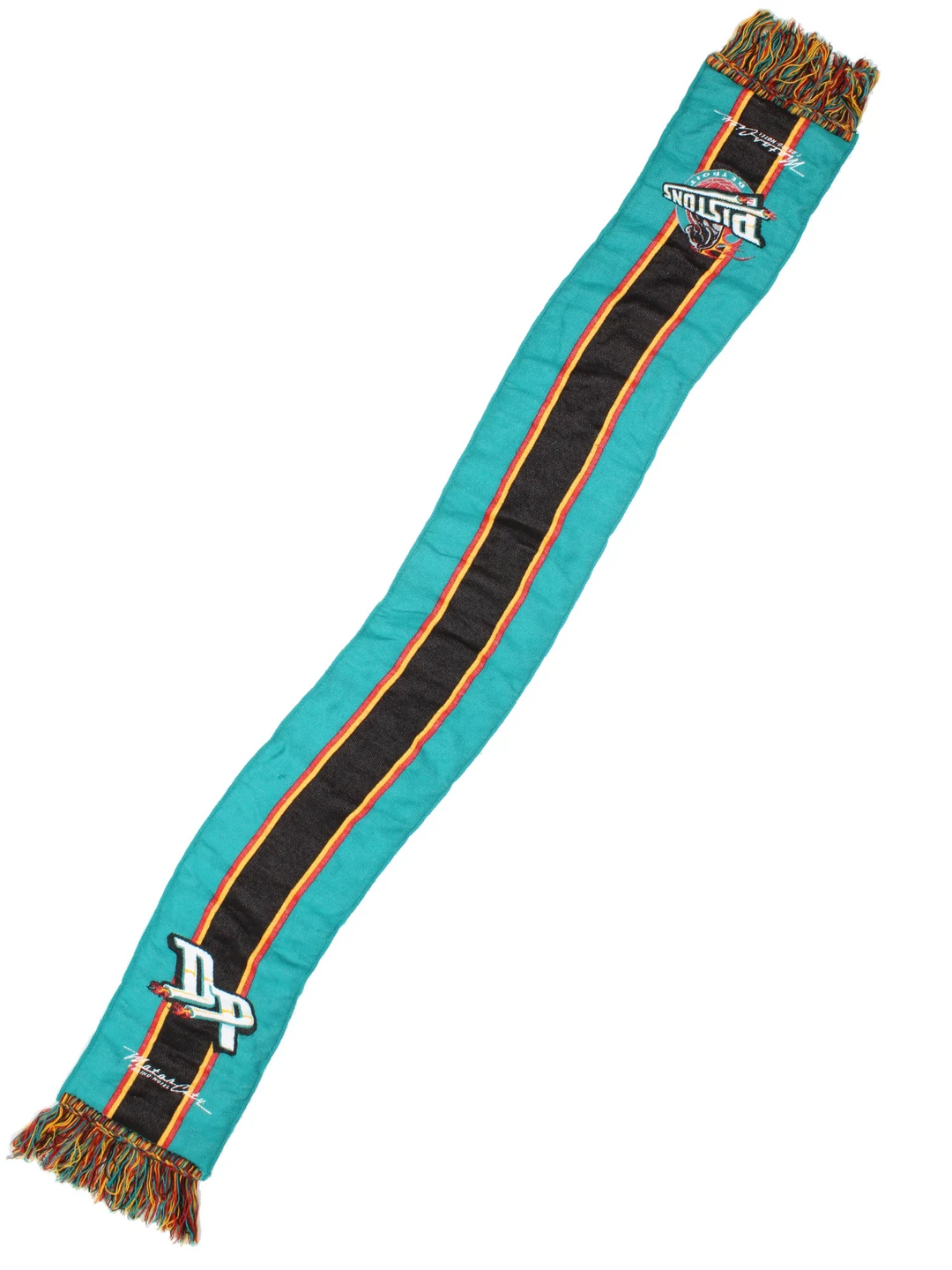 Vintage Detroit Pistons NBA Scarf in a green/black colourway with logos embroidered on the front, and fringed hem.