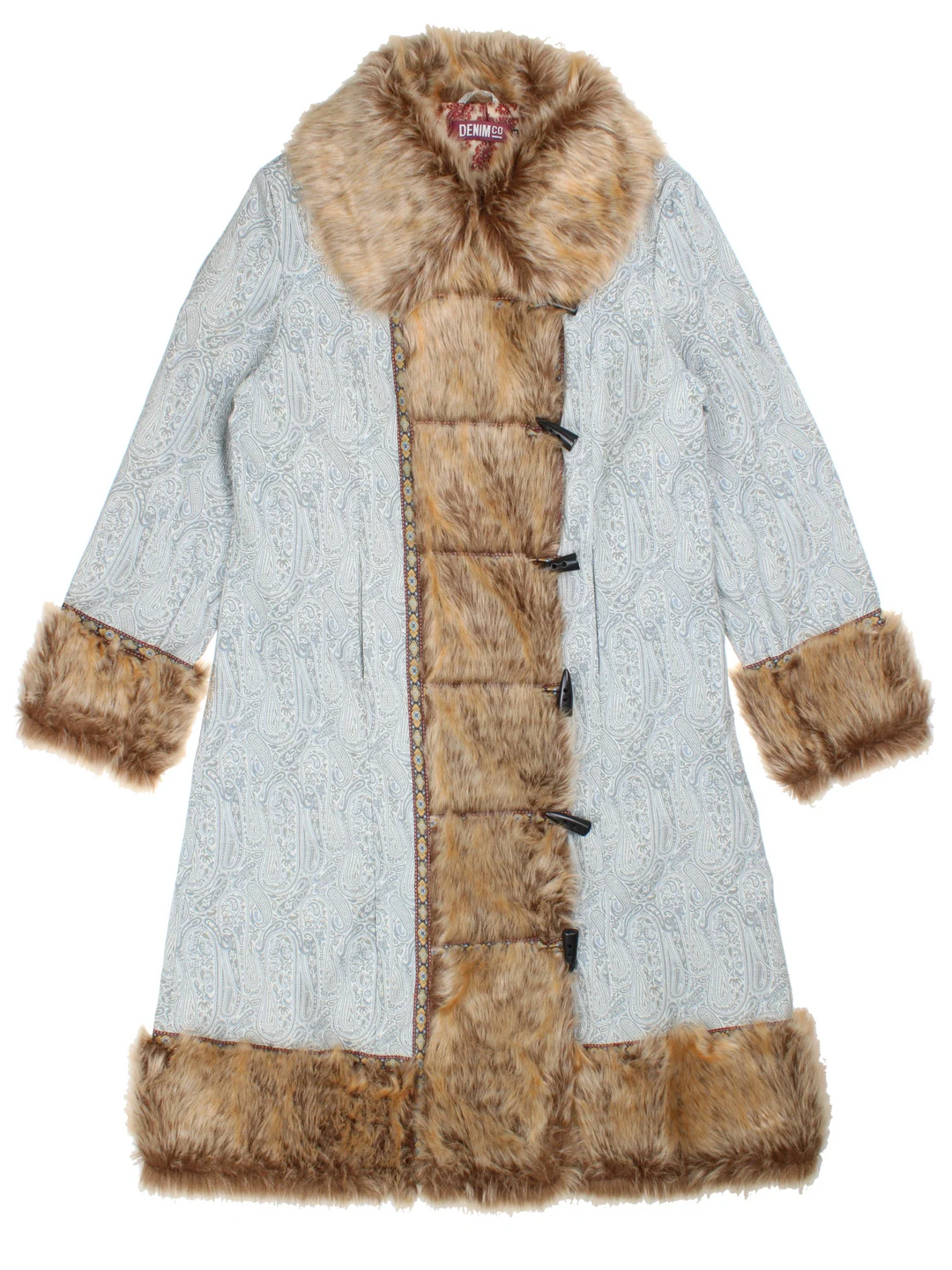 Y2K Paisley Afghan Coat in a blue colourway, toggle button fastening, embroidered detail and faux fur trim.