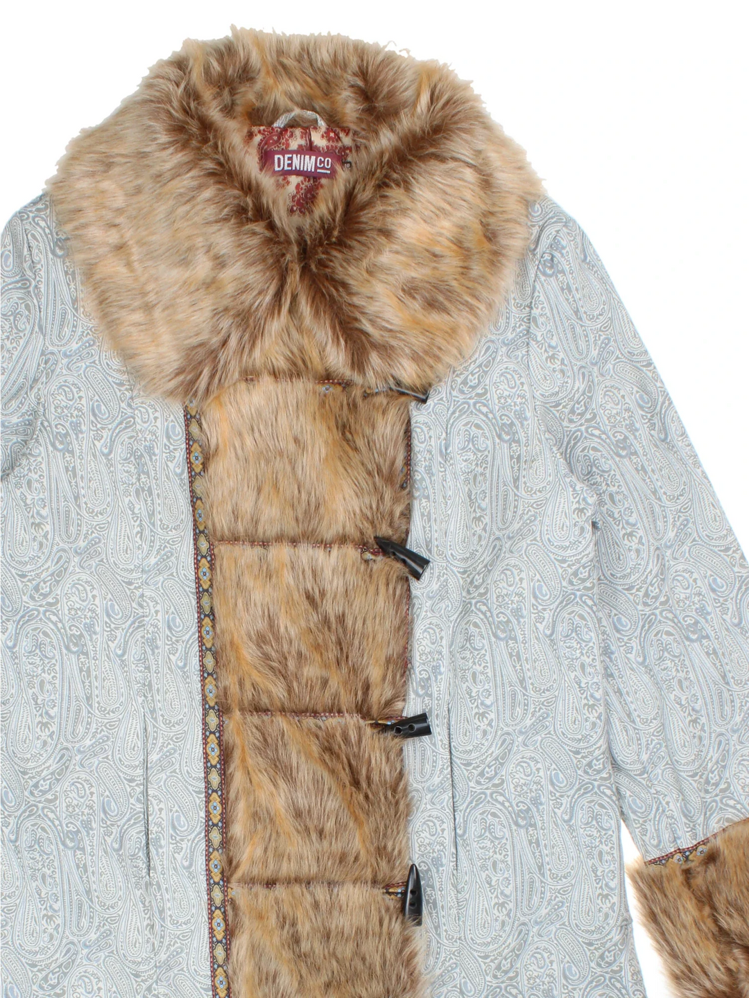 Y2K Paisley Afghan Coat in a blue colourway, toggle button fastening, embroidered detail and faux fur trim.