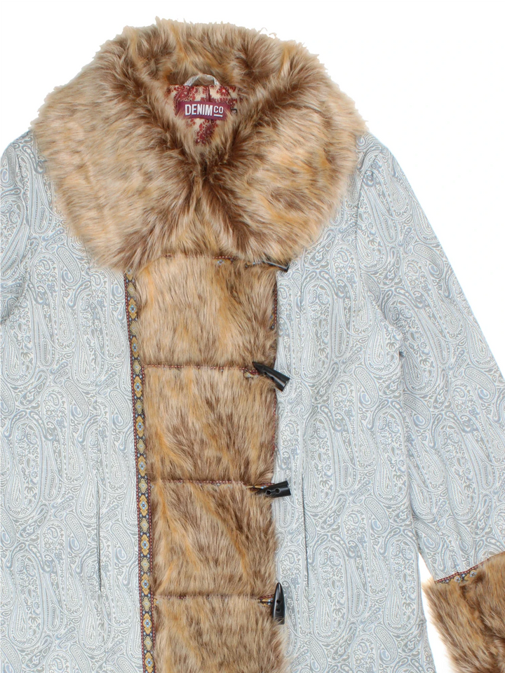 Y2K Paisley Afghan Coat in a blue colourway, toggle button fastening, embroidered detail and faux fur trim.