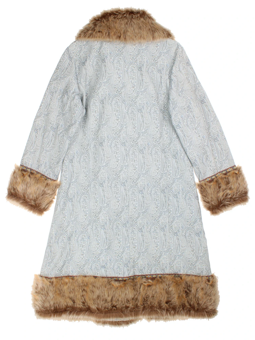 Y2K Paisley Afghan Coat in a blue colourway, toggle button fastening, embroidered detail and faux fur trim.