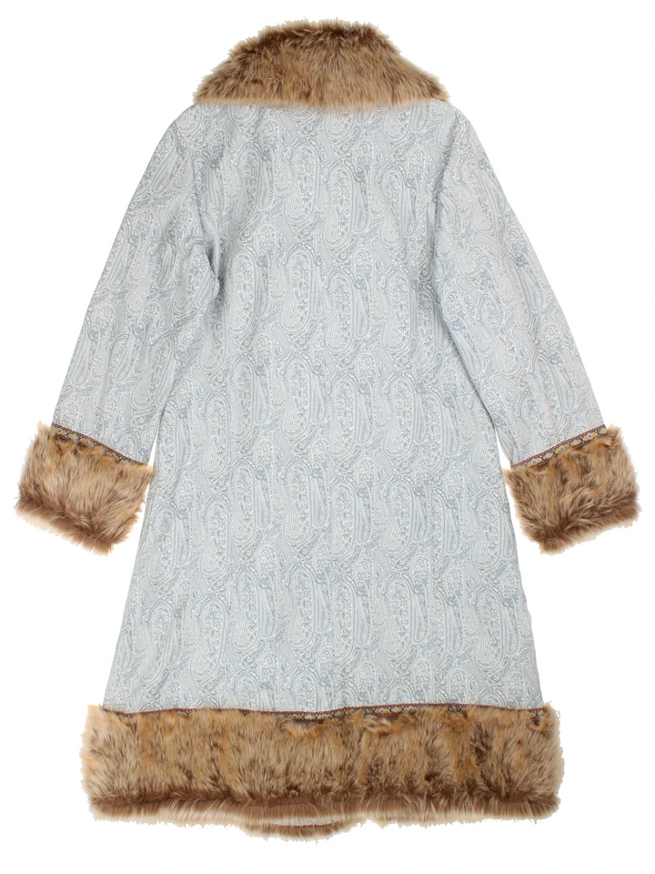 Y2K Paisley Afghan Coat in a blue colourway, toggle button fastening, embroidered detail and faux fur trim.