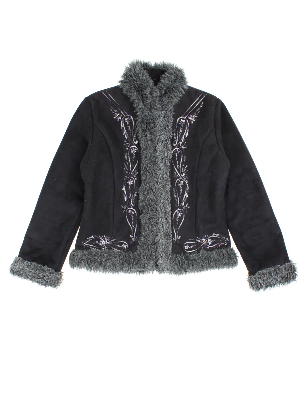 Y2K Embroidered Afghan Jacket in a black colourway, hook and eye fastening, embroidered detail and faux fur trim.