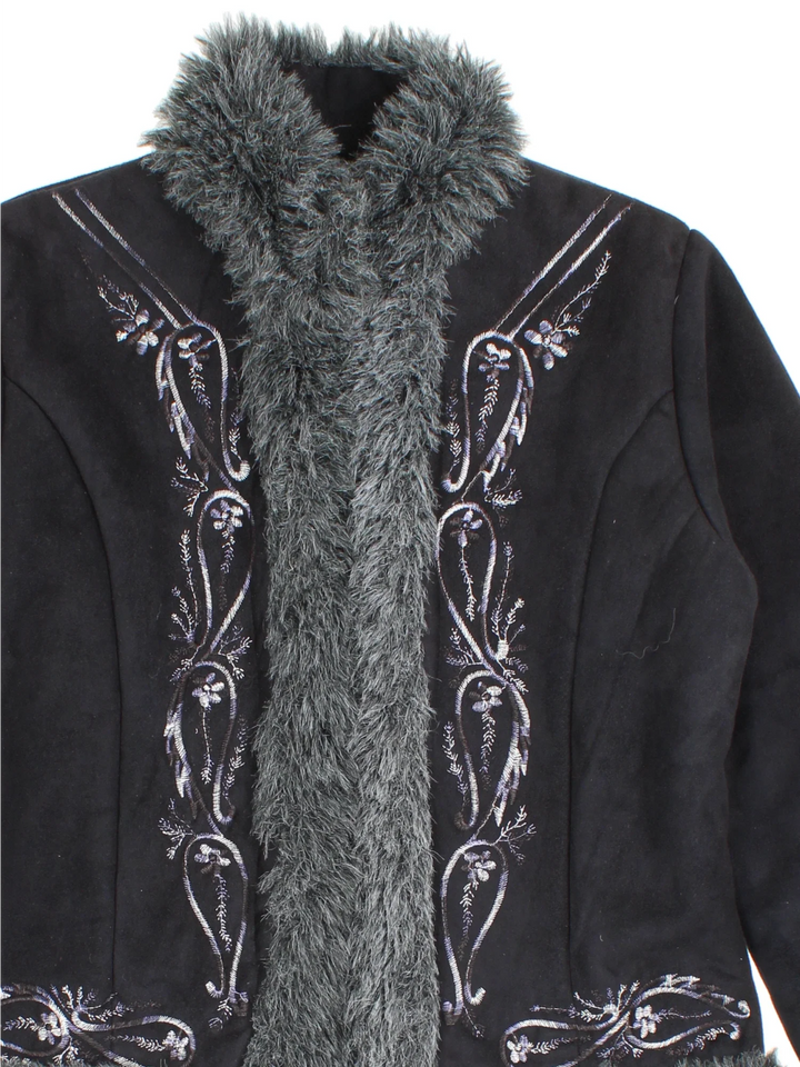 Y2K Embroidered Afghan Jacket in a black colourway, hook and eye fastening, embroidered detail and faux fur trim.