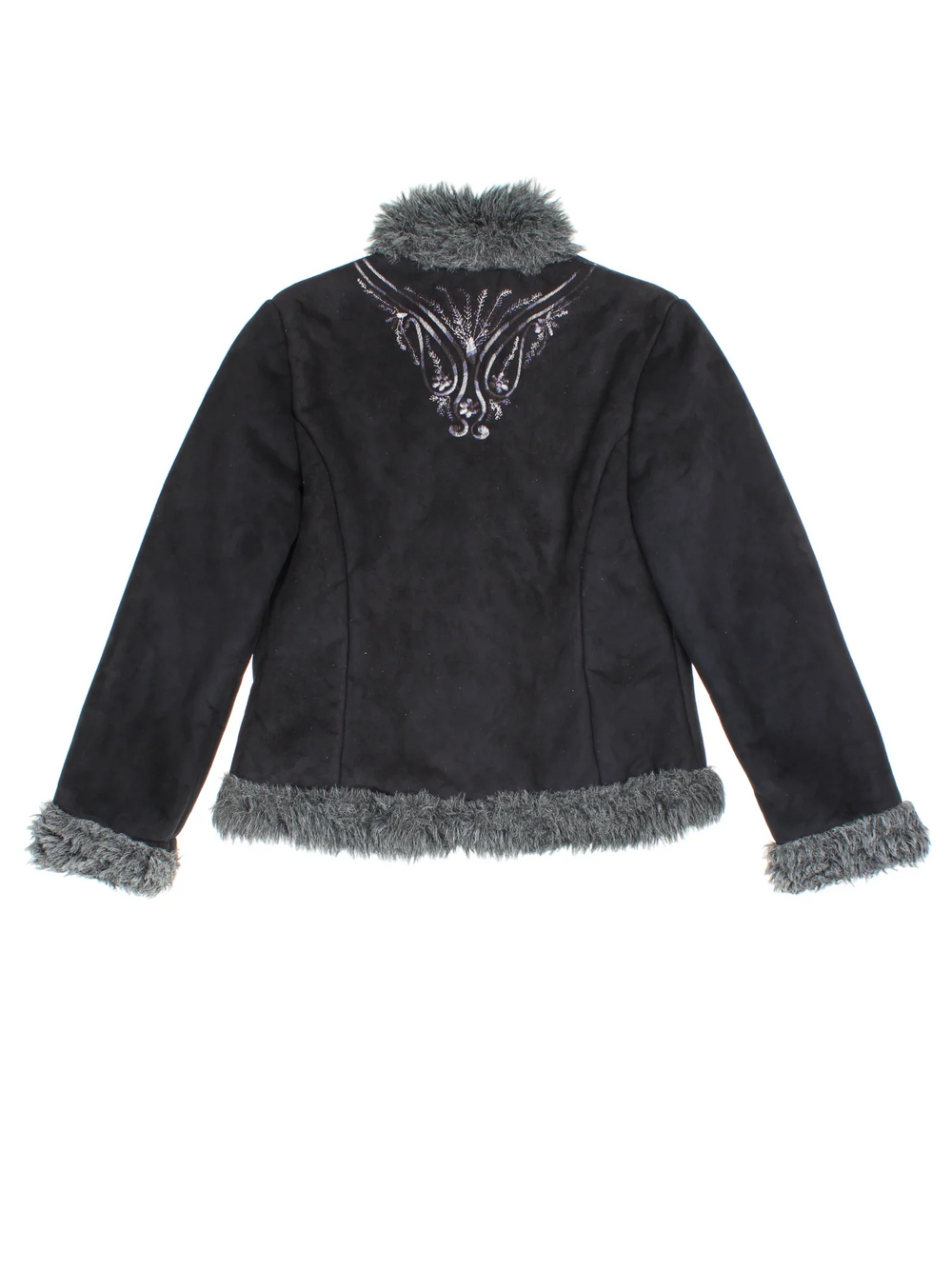 Y2K Embroidered Afghan Jacket in a black colourway, hook and eye fastening, embroidered detail and faux fur trim.